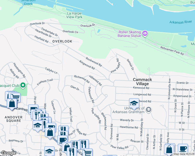 map of restaurants, bars, coffee shops, grocery stores, and more near 6925 Skywood Road in Little Rock
