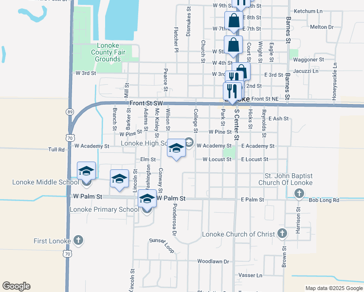 map of restaurants, bars, coffee shops, grocery stores, and more near 501 West Academy Street in Lonoke