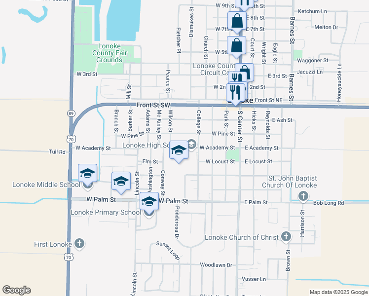 map of restaurants, bars, coffee shops, grocery stores, and more near 501 West Academy Street in Lonoke