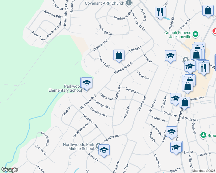 map of restaurants, bars, coffee shops, grocery stores, and more near 709 Royce Ave in Jacksonville