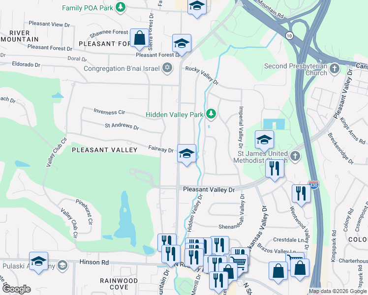 map of restaurants, bars, coffee shops, grocery stores, and more near 11516 Happy Valley Drive in Little Rock