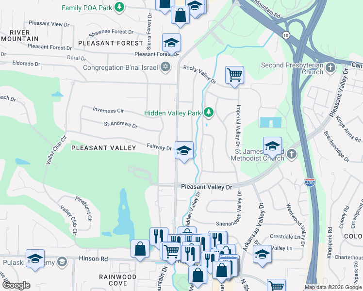 map of restaurants, bars, coffee shops, grocery stores, and more near 11516 Happy Valley Drive in Little Rock