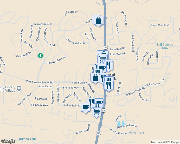 map of restaurants, bars, coffee shops, grocery stores, and more near 72 East Cortez Drive in Sedona