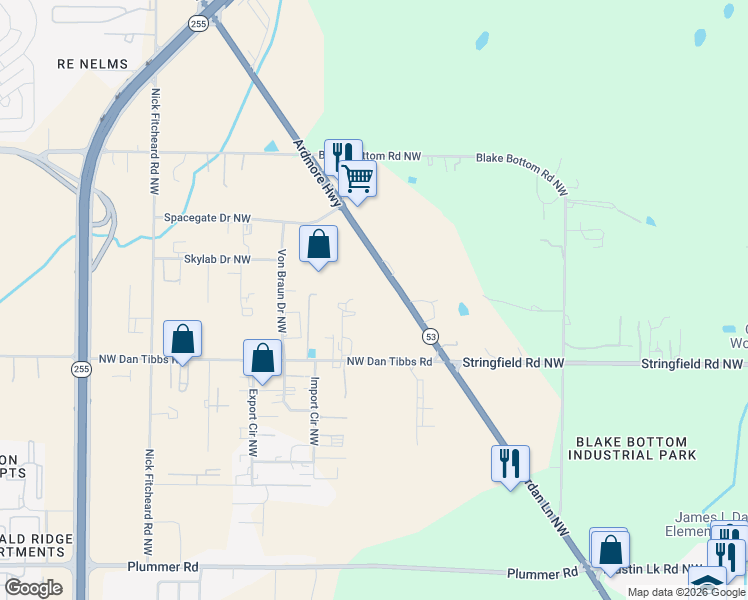 map of restaurants, bars, coffee shops, grocery stores, and more near 3313 Highway 53 in Huntsville