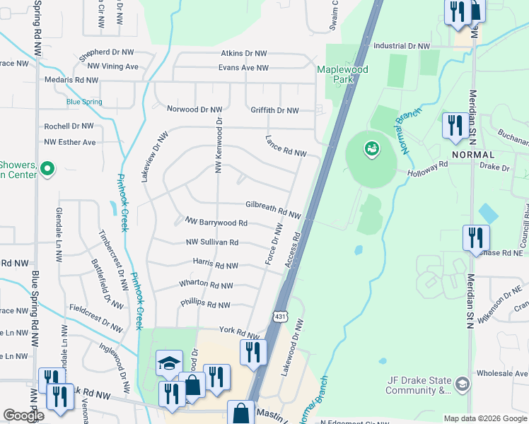 map of restaurants, bars, coffee shops, grocery stores, and more near 2102 Northwest Barrywood Road in Huntsville