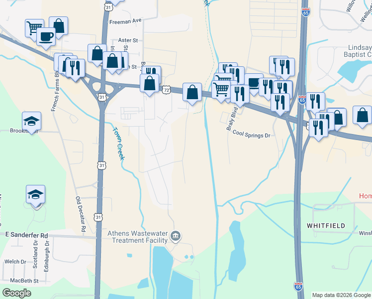 map of restaurants, bars, coffee shops, grocery stores, and more near 304 Texas Street in Athens