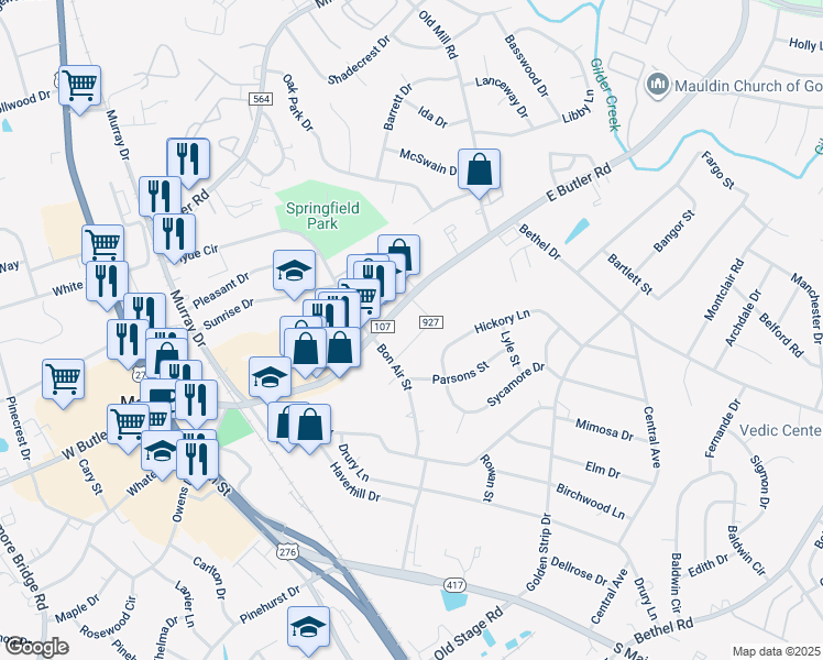map of restaurants, bars, coffee shops, grocery stores, and more near 104 State Road S-23-927 in Mauldin