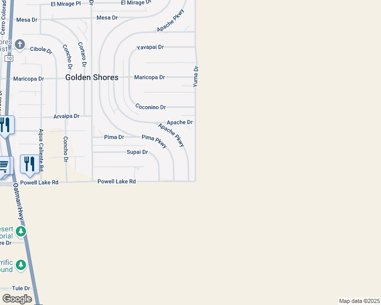 map of restaurants, bars, coffee shops, grocery stores, and more near 12967 Apache Parkway in Topock