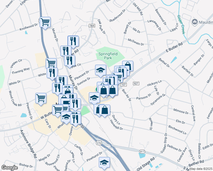 map of restaurants, bars, coffee shops, grocery stores, and more near 199 Mauldin Circle in Mauldin