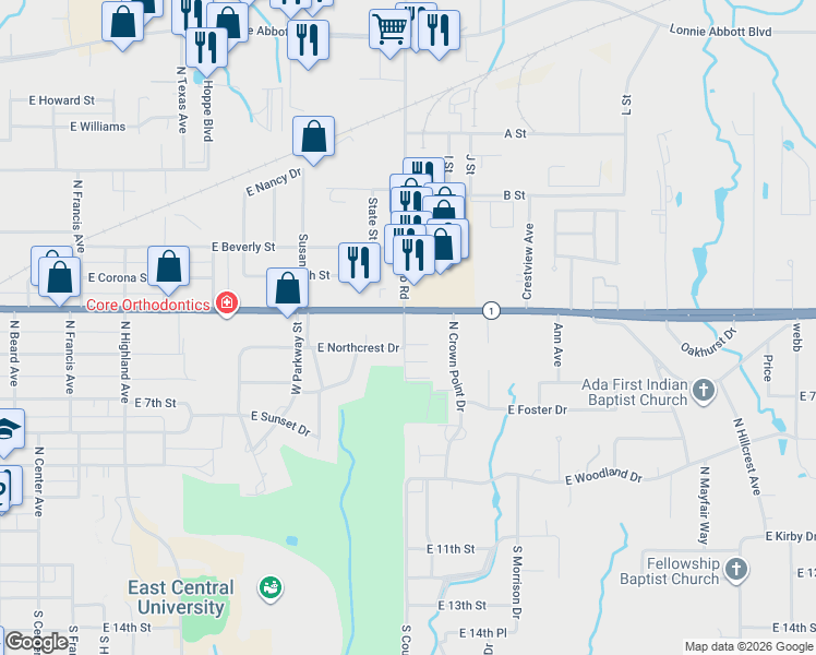 map of restaurants, bars, coffee shops, grocery stores, and more near 705 North Country Club Road in Ada