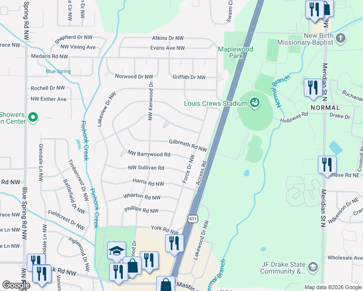 map of restaurants, bars, coffee shops, grocery stores, and more near 2102 Northwest Barrywood Road in Huntsville