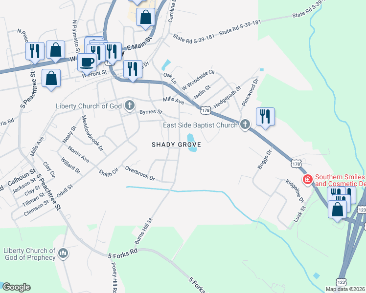 map of restaurants, bars, coffee shops, grocery stores, and more near 215 East Beattie Street in Liberty