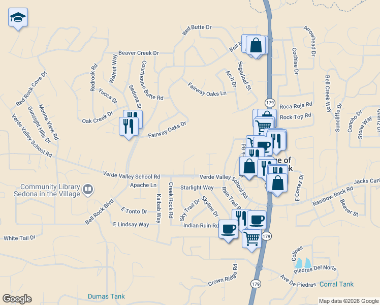 map of restaurants, bars, coffee shops, grocery stores, and more near 80 North House Rock Road in Sedona