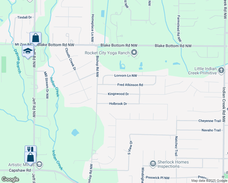 map of restaurants, bars, coffee shops, grocery stores, and more near 112 Kingswood Drive in Huntsville