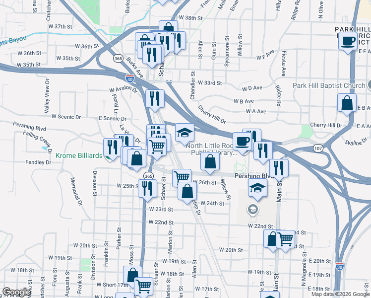 map of restaurants, bars, coffee shops, grocery stores, and more near 2800 Percy Machin Drive in North Little Rock