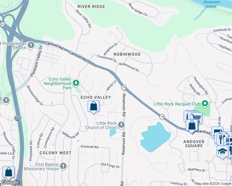 map of restaurants, bars, coffee shops, grocery stores, and more near 3012 Reservoir Road in Little Rock