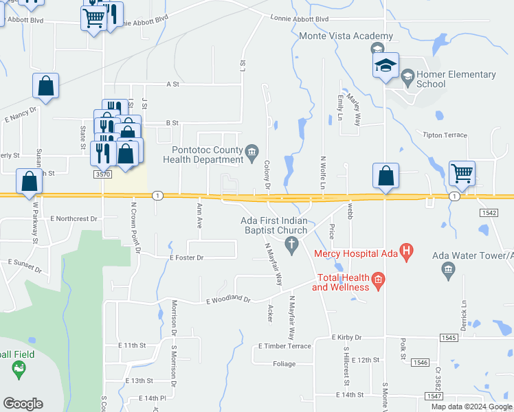 map of restaurants, bars, coffee shops, grocery stores, and more near 2401 Arlington Boulevard in Ada