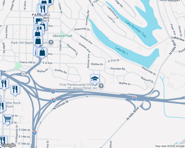 map of restaurants, bars, coffee shops, grocery stores, and more near 1310 Starfield Road in North Little Rock