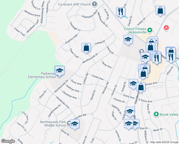 map of restaurants, bars, coffee shops, grocery stores, and more near 1400 Clifton Road in Jacksonville