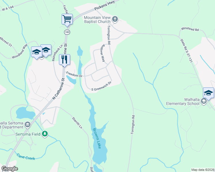 map of restaurants, bars, coffee shops, grocery stores, and more near 1044 South Greenwich Drive in Walhalla