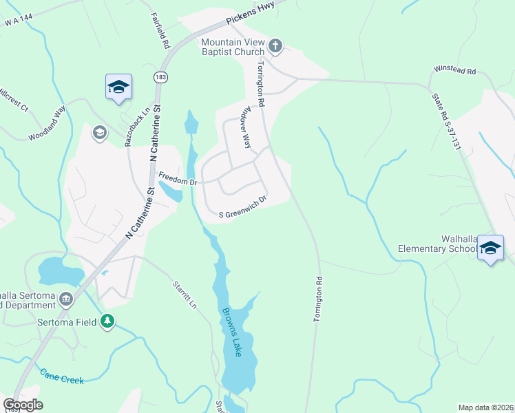 map of restaurants, bars, coffee shops, grocery stores, and more near 1044 South Greenwich Drive in Walhalla