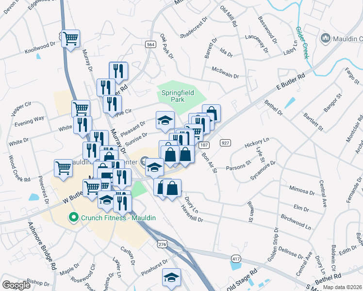 map of restaurants, bars, coffee shops, grocery stores, and more near 122 Mauldin Circle in Mauldin