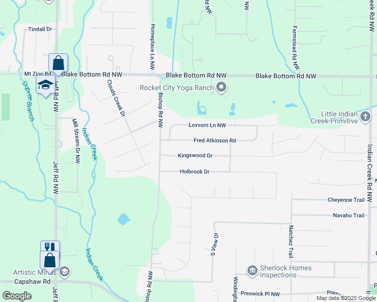 map of restaurants, bars, coffee shops, grocery stores, and more near 112 Kingswood Drive in Huntsville