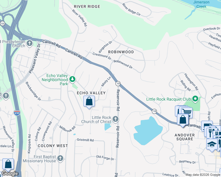map of restaurants, bars, coffee shops, grocery stores, and more near 3012 Reservoir Road in Little Rock