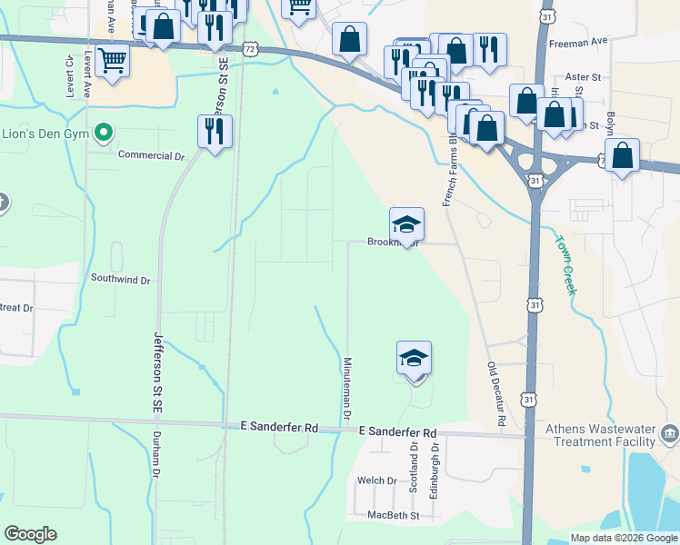 map of restaurants, bars, coffee shops, grocery stores, and more near Minuteman Drive in Athens