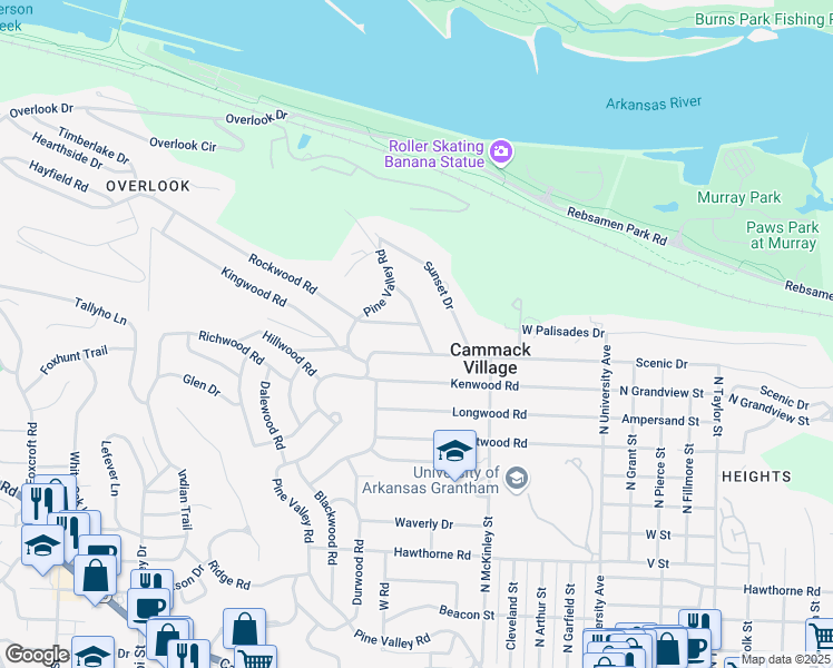 map of restaurants, bars, coffee shops, grocery stores, and more near 6615 Greenwood Road in Little Rock
