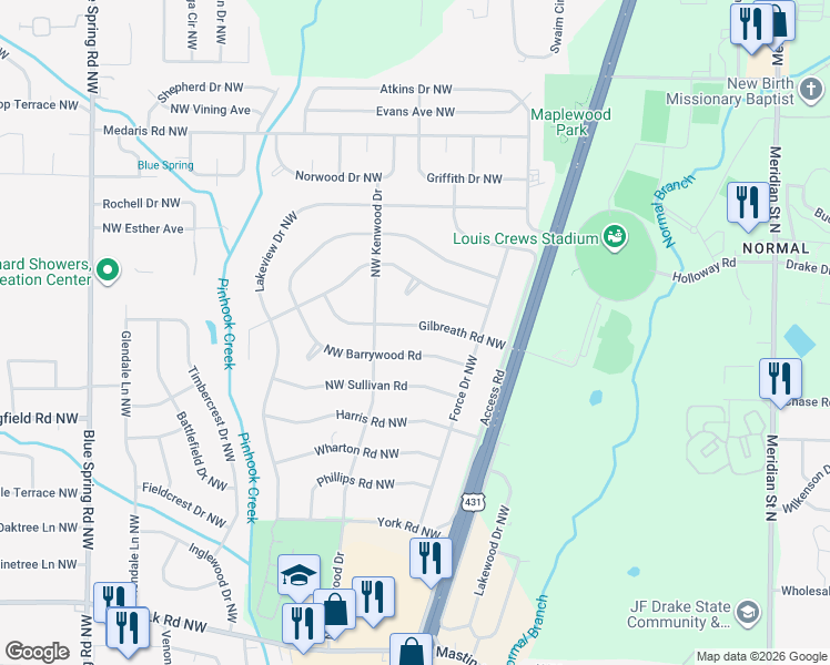map of restaurants, bars, coffee shops, grocery stores, and more near 2110 Northwest Barrywood Road in Huntsville