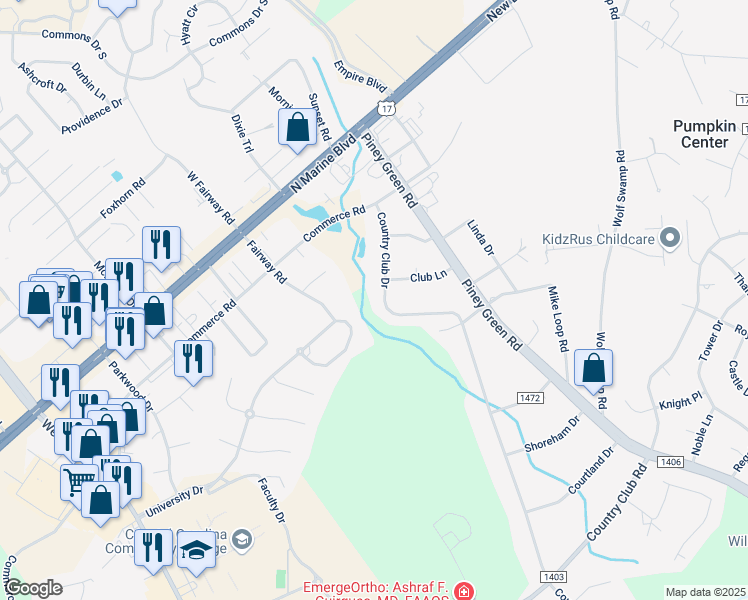 map of restaurants, bars, coffee shops, grocery stores, and more near 204 Country Club Drive in Jacksonville