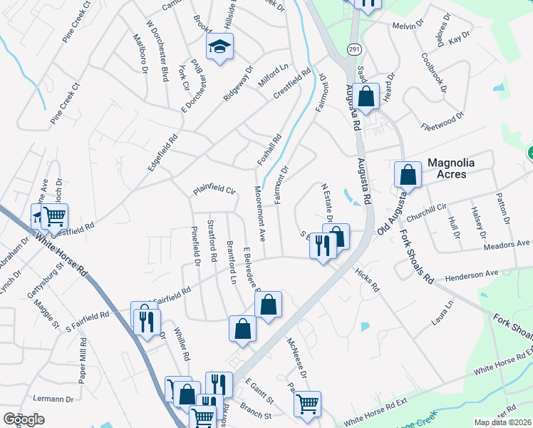 map of restaurants, bars, coffee shops, grocery stores, and more near 418 Fairmont Drive in Greenville