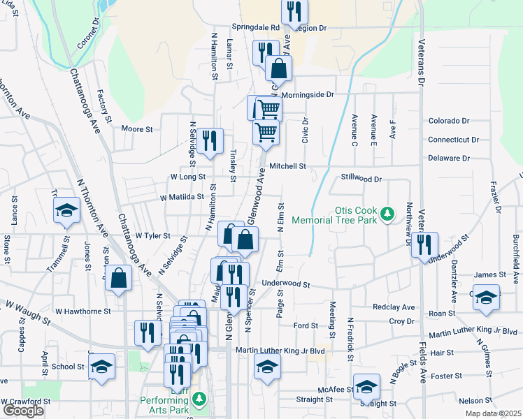 map of restaurants, bars, coffee shops, grocery stores, and more near 612 N Glenwood Ave in Dalton