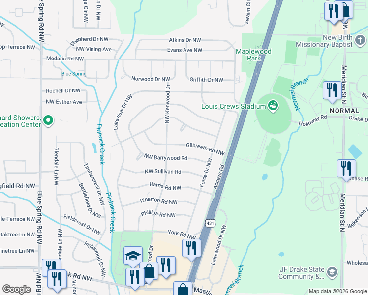 map of restaurants, bars, coffee shops, grocery stores, and more near 2110 Northwest Barrywood Road in Huntsville