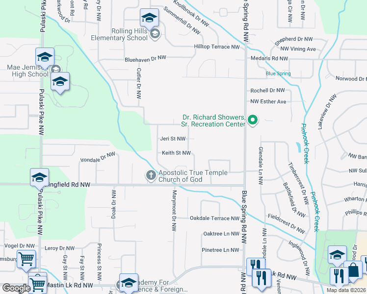 map of restaurants, bars, coffee shops, grocery stores, and more near 4221 Keith Street Northwest in Huntsville
