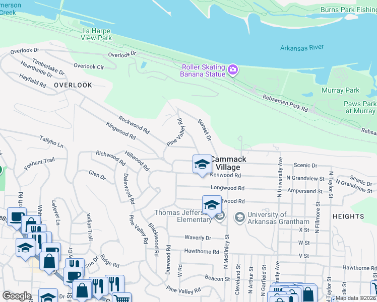 map of restaurants, bars, coffee shops, grocery stores, and more near 6615 Greenwood Road in Little Rock