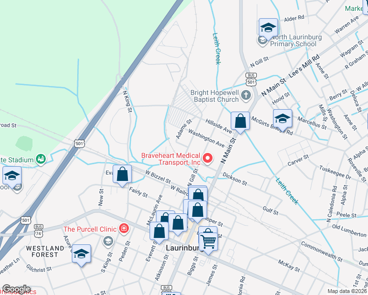 map of restaurants, bars, coffee shops, grocery stores, and more near 306 Perks Street in Laurinburg