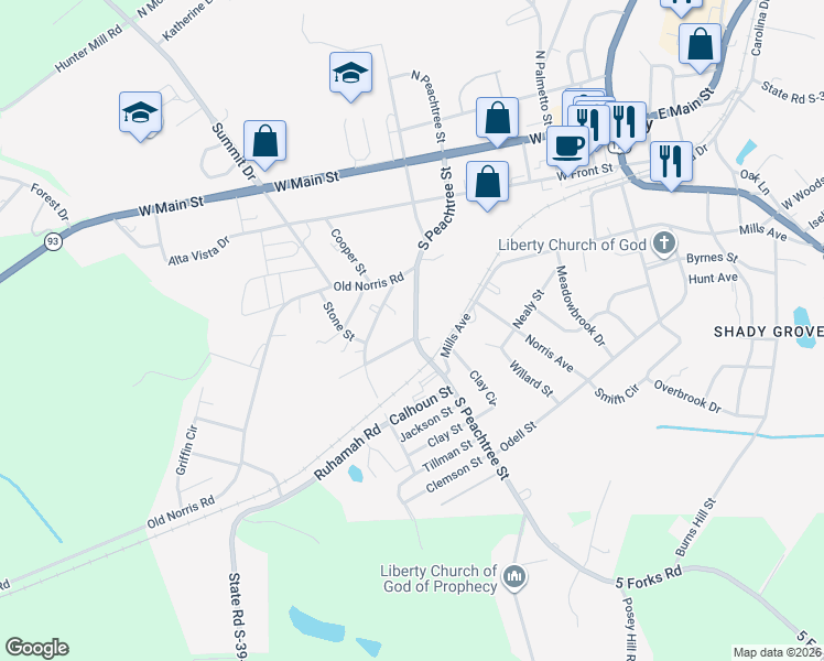 map of restaurants, bars, coffee shops, grocery stores, and more near 314 South Peachtree Street in Liberty