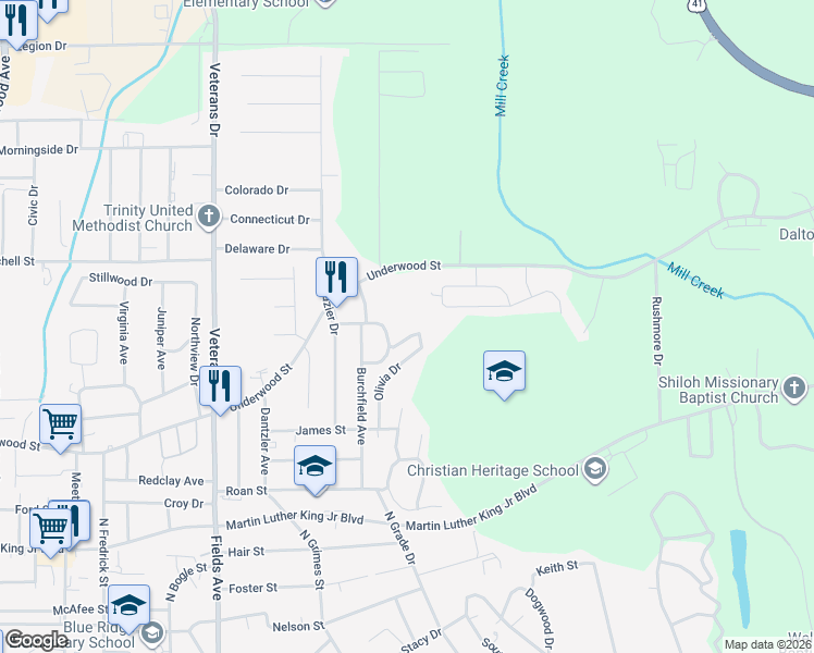 map of restaurants, bars, coffee shops, grocery stores, and more near 1318 Underwood Street in Dalton