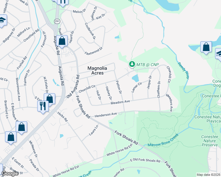 map of restaurants, bars, coffee shops, grocery stores, and more near 5 Halsey Drive in Greenville