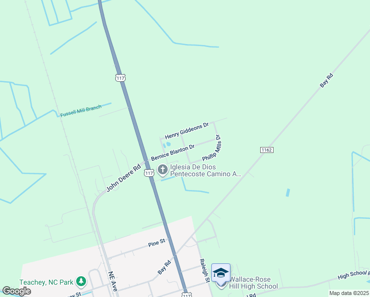 map of restaurants, bars, coffee shops, grocery stores, and more near 108 Bernice Blanton Drive in Teachey