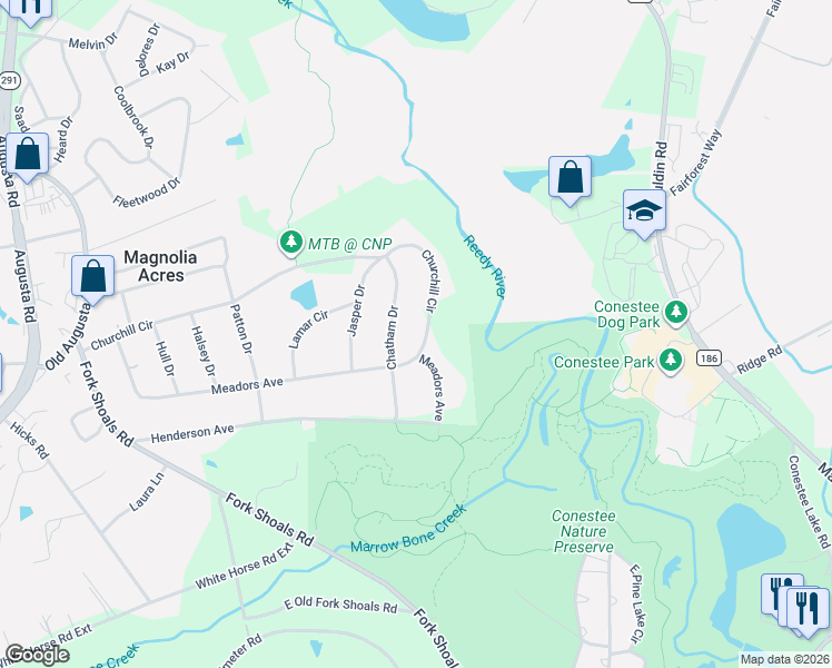 map of restaurants, bars, coffee shops, grocery stores, and more near 605 Churchill Circle in Greenville