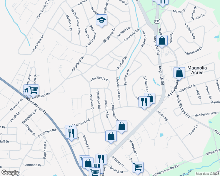map of restaurants, bars, coffee shops, grocery stores, and more near 8 Mooremont Avenue in Greenville