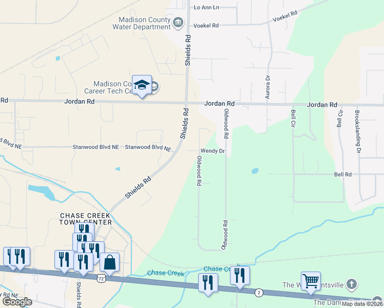 map of restaurants, bars, coffee shops, grocery stores, and more near 303 Oldwood Road in Huntsville