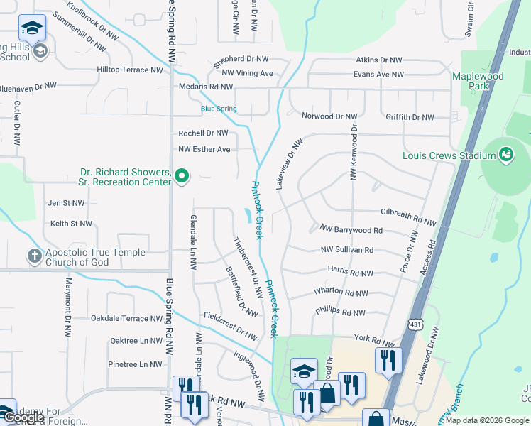 map of restaurants, bars, coffee shops, grocery stores, and more near 4502 Rochell Drive Northwest in Huntsville