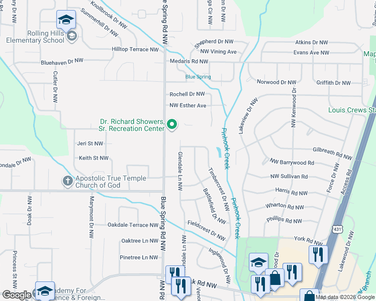 map of restaurants, bars, coffee shops, grocery stores, and more near 4000 Timbercrest Drive Northwest in Huntsville