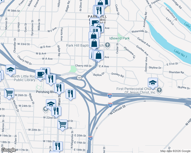map of restaurants, bars, coffee shops, grocery stores, and more near 201 Skyline Drive in North Little Rock