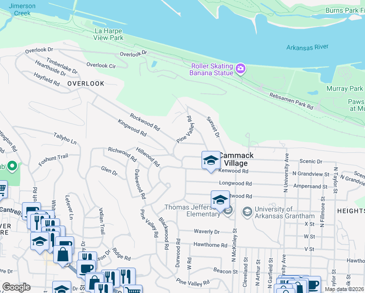 map of restaurants, bars, coffee shops, grocery stores, and more near 6724 Rockwood Road in Little Rock