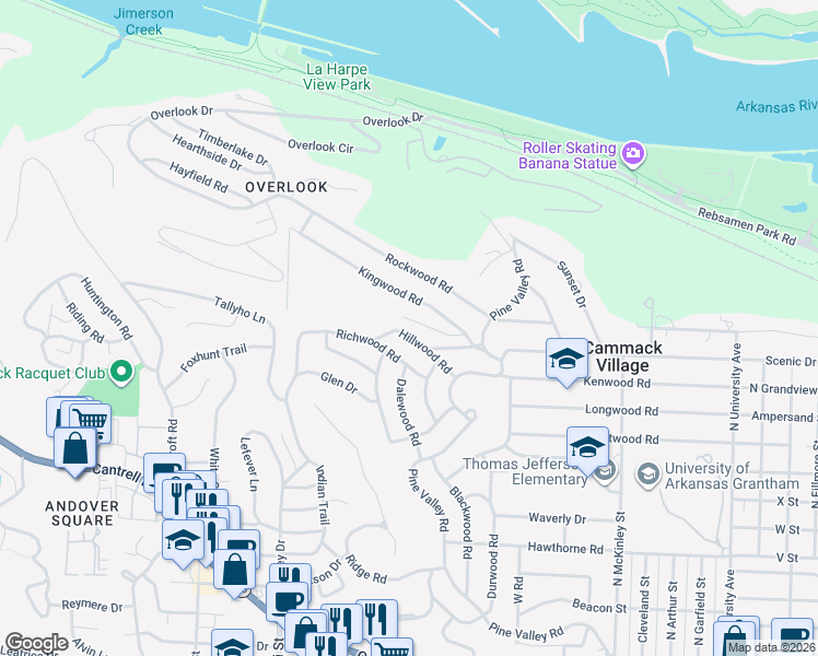 map of restaurants, bars, coffee shops, grocery stores, and more near 7121 Kingwood Road in Little Rock